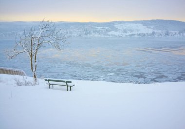 Badeparken, Drobak, Norveç 'te banklı ve buzlu donmuş deniz suyuyla karlı bir park.