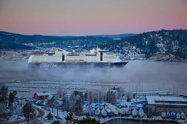 Nava Croazieră Apă Marină Iarna Drobak Norvegia Europa — Fotografie, imagine de stoc