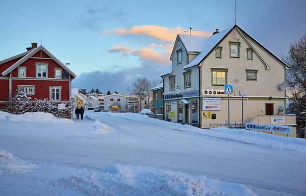 Strada Arhitectură Tradițională Sezonul Iarnă Harstad Norvegia Nord Europa — Fotografie, imagine de stoc