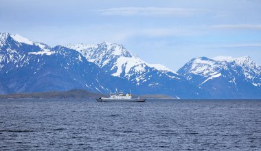 Karlı dağlar ve deniz manzarası.