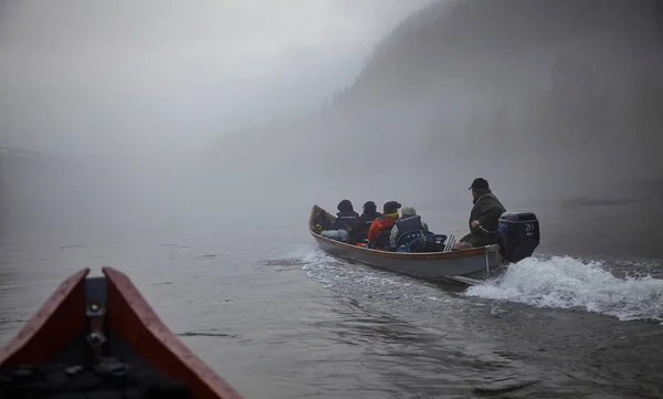 Tourists Boat Mountains Foggy Morning Stock Picture