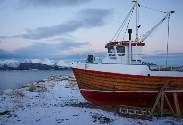 Wooden Boat Beach Winter Stock Image