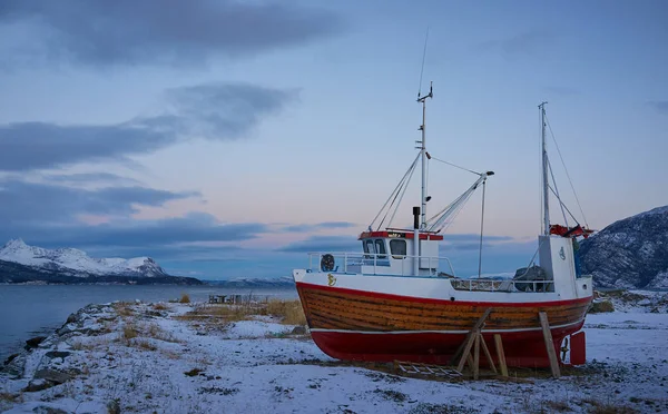 Wooden Boat Beach Winter Stock Photo