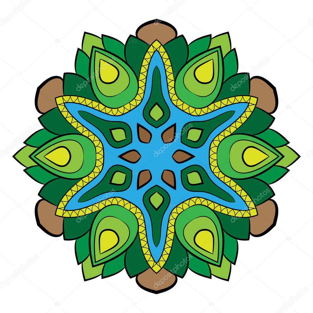 Mandala for color book. Colored illustration. Symmetrical patter