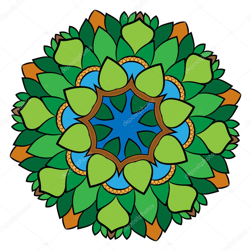 Colored mandala. Symmetrical pattern. Illustration for scrapbook