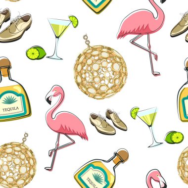 Yeşillik bir hayatın kusursuz bir düzeni. Düz bir tarzda pembe flamingo.. 