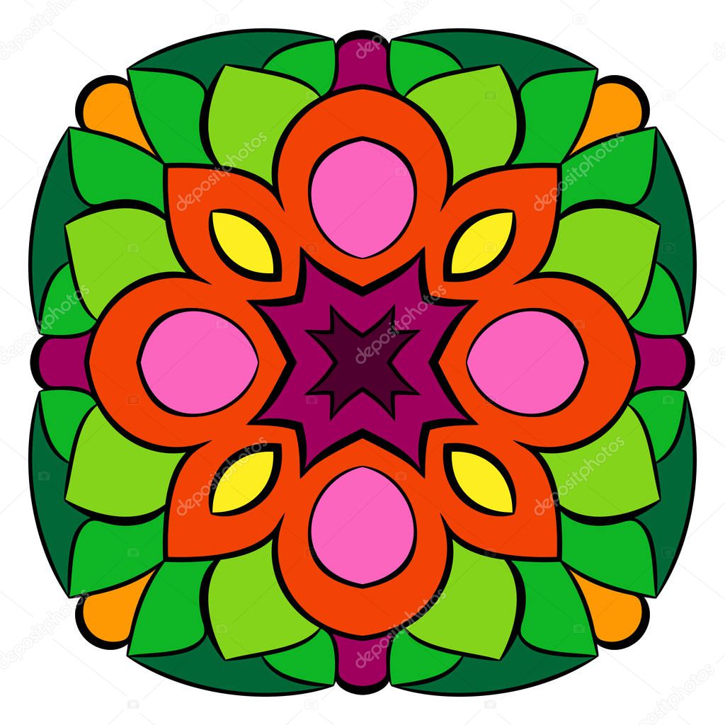Mandala for meditations. Symmetrical pattern in the square.