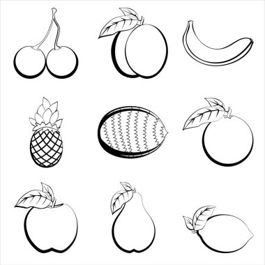 Meyve siluetleri. Yazdırma ve kesme şablonu. Mon