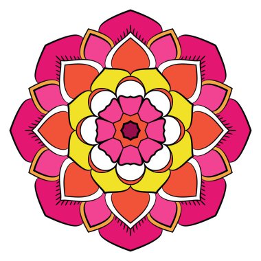 Parlak renkli mandala. Çemberin içinde tekrarlanan bir kalıp. Bir arı.