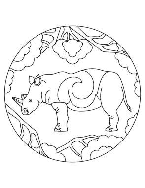 Bir hayvanla Mandala. Dairesel çerçevede gergedan. Çocuklar ve yetişkinler için boyama sayfası. Afrika hayvanları ve ağaçları.