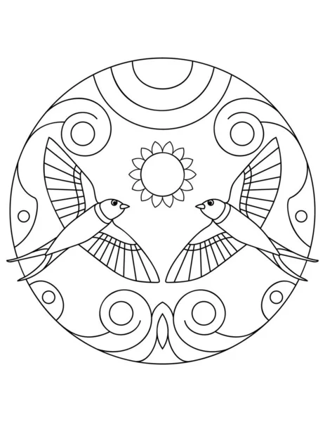 Pattern with Swallow. Illustration with a swallows. Mandala with an animal. Coloring page for kids and adults. — Stock Vector