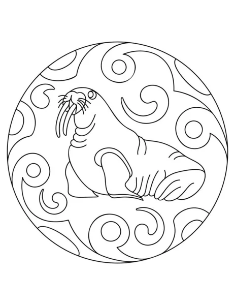 Мандала с морским животным. Морж в круглой рамке. Раздел раскраски для детей и взрослых . — стоковый вектор