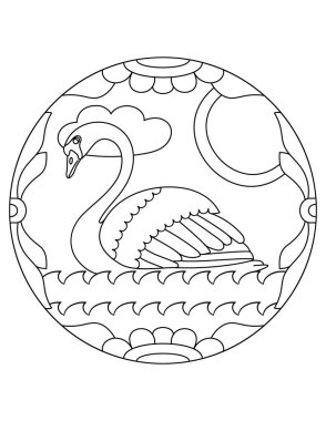 Kuğu desenli. Bir kuğuyla resim. Bir hayvanla Mandala. Dairesel bir çerçevede kuğu.