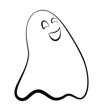 Beyaz arka planda bir hayalet. Sevimli siyah ana hatlı hayalet. Cadılar Bayramı festivalini dekore etmek için bir karakter.