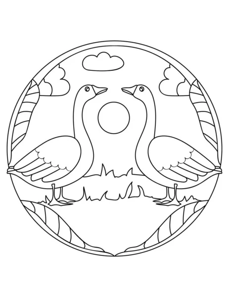 Patrón de ganso. Ilustración de Goose. Mandala con un animal. Gansos en un marco circular . — Vector de stock