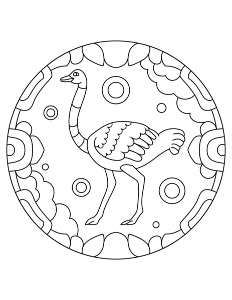 Образец со страусом. Иллюстрация страуса. Мандала с животным. Страус в круглой раме . — стоковый вектор