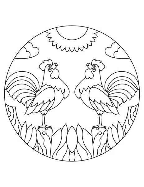 Шаблон петуха. Иллюстрация петухов. Мандала с животным. Петухи в круглой раме . — стоковый вектор