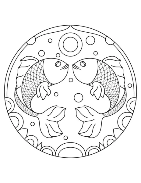 Patrón con peces. Ilustración con un pez. Mandala con un animal. Peces en un marco circular . — Vector de stock