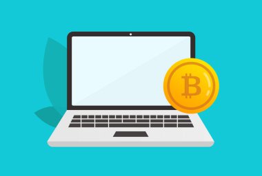 Bitcoin, Maden Bitcoin, Düz Tasarım Konsepti olan dizüstü bilgisayar