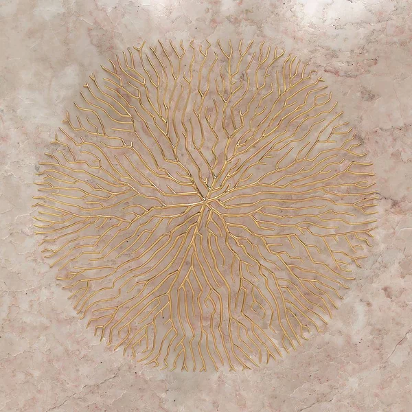 3Dイラスト 概念設計 創造的な自然芸術のための木の枝や根の抽象円形状のイラスト 大理石を背景に金 — ストック写真