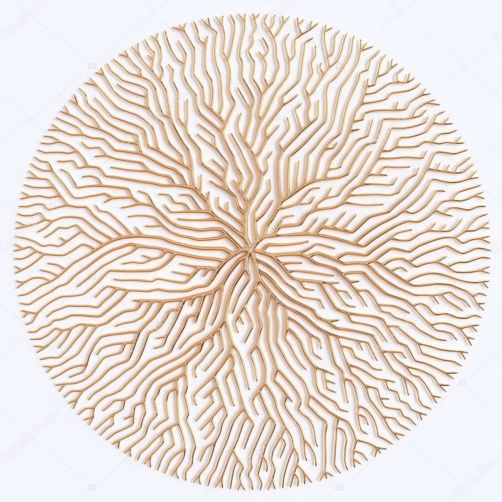 3d illustration. Abstract circle shape illustration of tree branches or roots for concept design, creative nature art. Gold on white background 