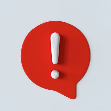 3D efektli ünlem simgesi, kırmızı ve beyaz konuşma balonu işareti, beyaz üzerine izole edilmiş dikkat işareti. 3d illüstrasyon