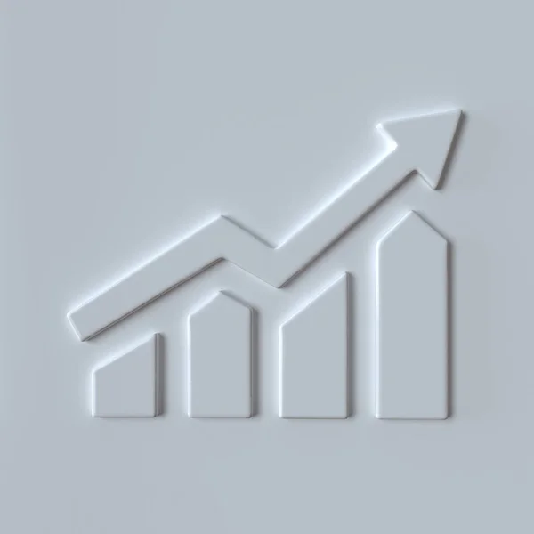 Growing bar graph icon iwith 3d effect. White logo on white background. Growing graph icon, business symbol. 3d illustration