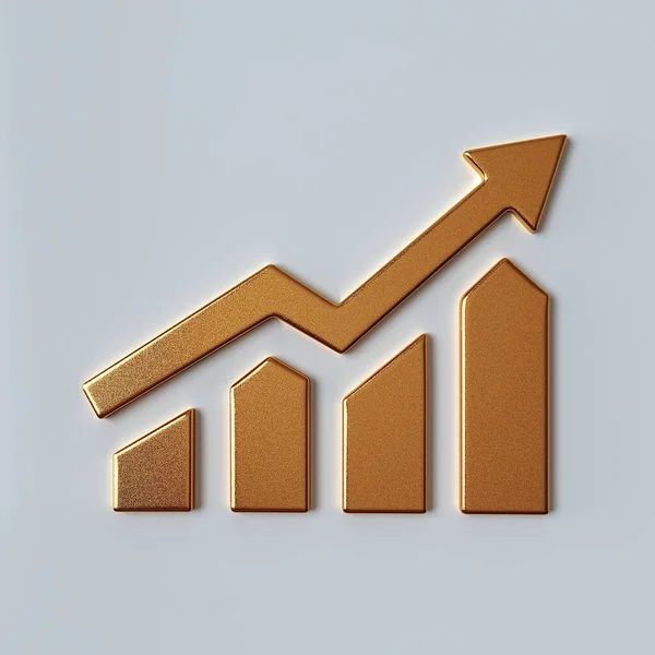 Growing bar graph icon iwith 3d effect. Gold logo on white background. Growing graph icon, business symbol. 3d illustration