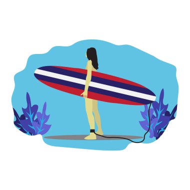 summer time woman holding surfboard vector illustration, flat design.