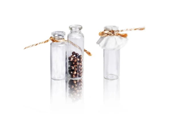 Three Small Glass Vial Brown Pills White Vials Tied Twine — Stock Photo, Image