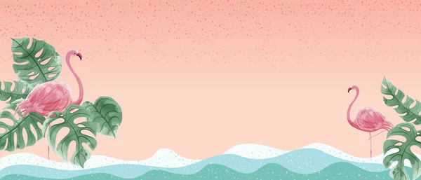 Suluboya flamingo ve canavar duvar kağıdı. Hawaii ve deniz teması