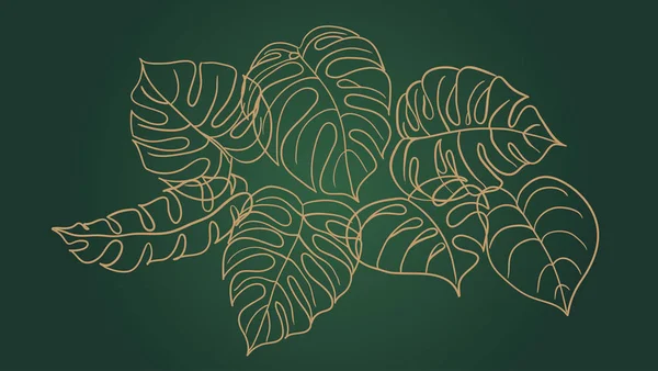 Monstera yapraklarının ana hatları sarı altın rengi ile örtüşüyor koyu yeşil arka planda.