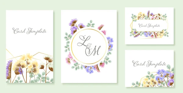 Bel ensemble de modèles de carte de mariage. Décoré avec des fleurs statice dans le thème coloré . — Image vectorielle
