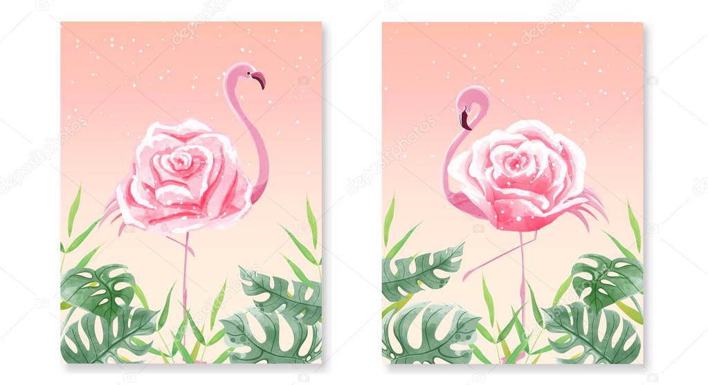 Set of beautiful flamingo rose among the tropical leaves on sweet background color.