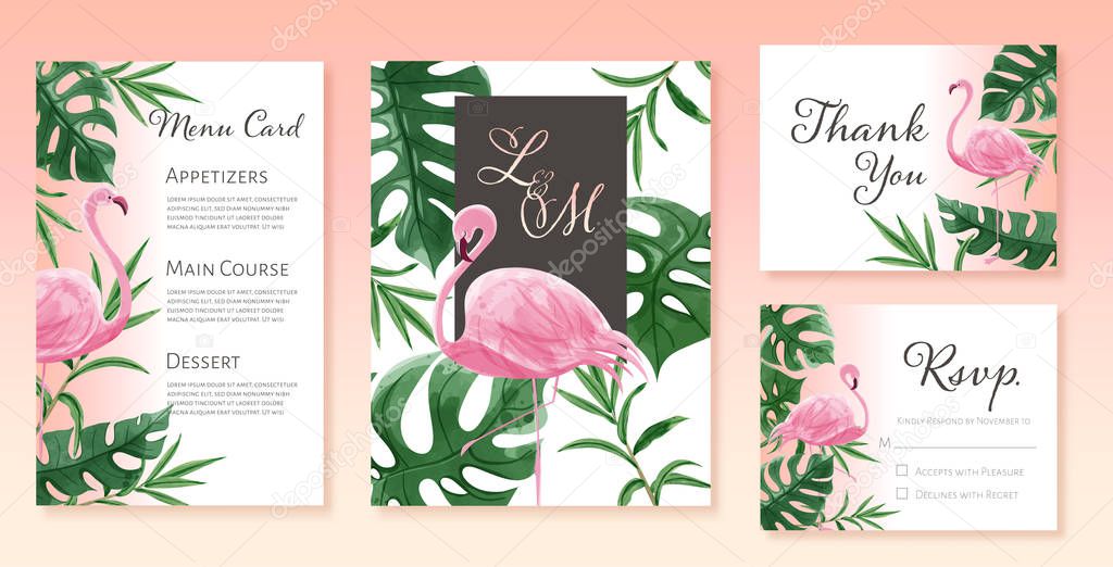 Beautiful set of watercolor wedding card templates. Theme of flamingo and wild leaves.