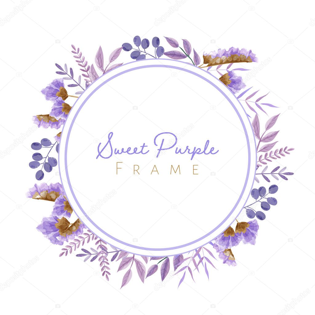 Watercolor leaves and flowers frame in purple theme for wedding card, and others.