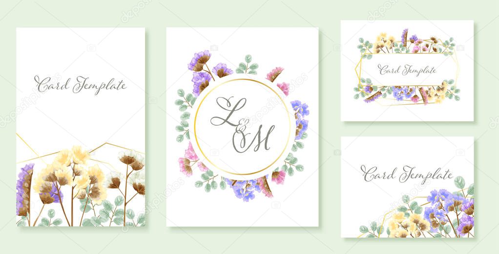 Beautiful set of wedding card templates. Decorated with statice flowers in colorful theme.