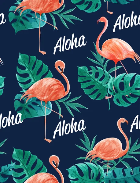 Vetor Sem Costura Aquarela Flamingos Entre Folhas Texto Aloha Design — Vetor de Stock