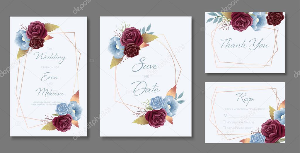 Beautiful set of wedding card templates. Decorated with roses and wild leaves in burgundy and dust blue theme.