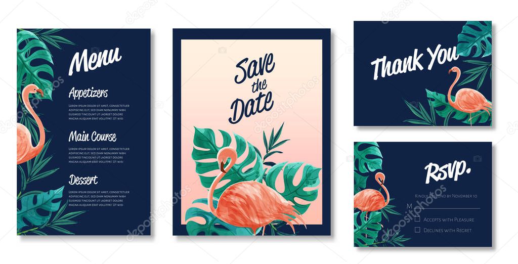 Beautiful set of wedding card templates. Decorated with flamingo
