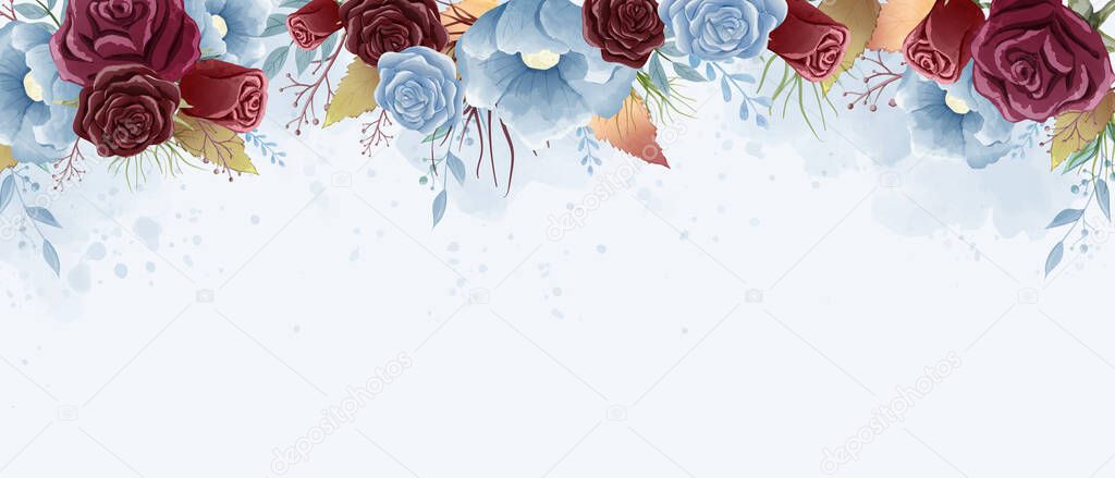 Watercolor roses and wild leaves painting. Burgundy and dust blu