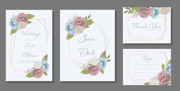 Bel Ensemble Modèles Carte Mariage Décoré Avec Des Roses Des — Image vectorielle