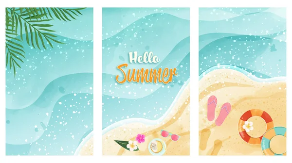 Hello Summer Card Set Represent Watercolor Beach Top View Has — Stock Vector
