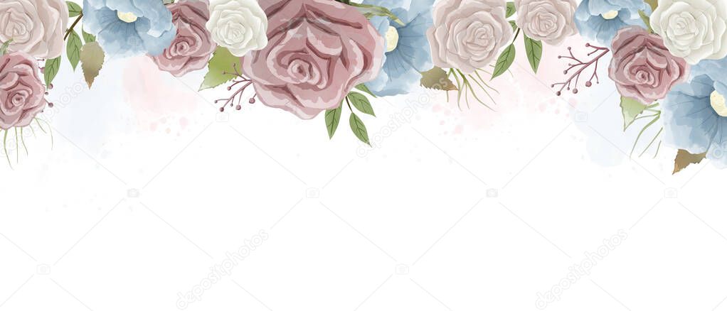 Watercolor roses and wild leaves painting. Design for wallpaper, background, poster, backdrop, and all printings. 