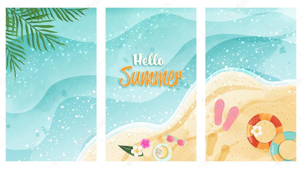 Hello Summer card set represent of watercolor beach. Top view and has copy space. Design for card, poster, gift voucher and else.