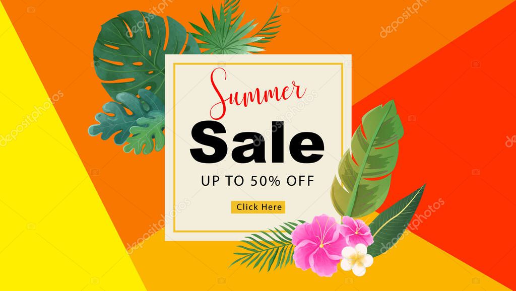 Summer sale banner design in colorful colors. Feeling fresh and fun. For website, wallpaper, poster, marketing advertising.