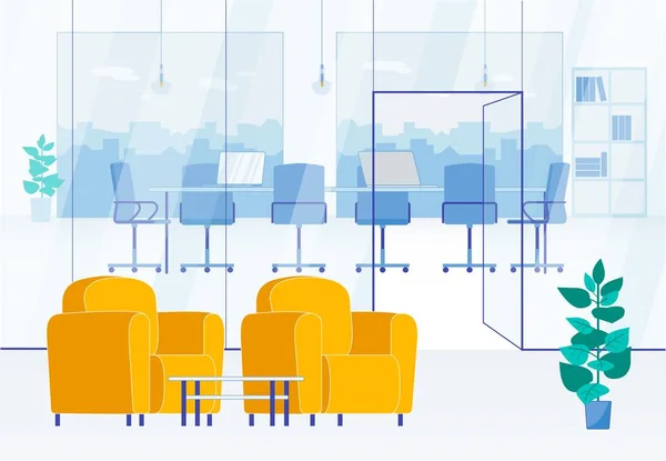Salle de réunion avec murs de verre et zone d'attente — Image vectorielle