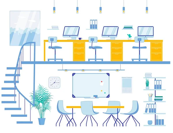 Espacio de coworking y sala de reuniones en dos niveles — Vector de stock