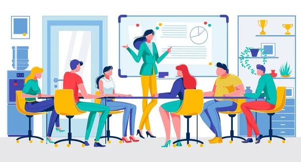Çizgi film İş Kadını Ofis Odasında Toplantı