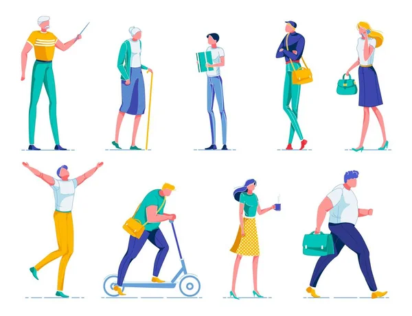 Man Holding Pointer, Old Woman with Stick, Boy. Vector Graphics